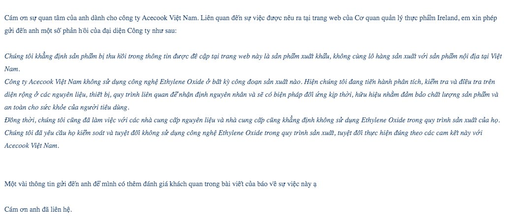 Nội dung Acecook Việt Nam phản hồi Giáo dục Thủ đô ngày 27/8.