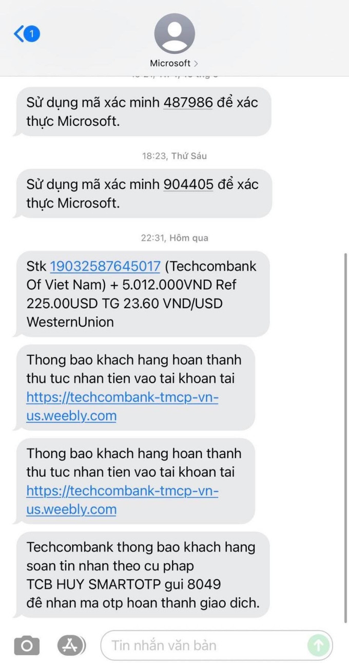 Các tin nhắn giả mạo ngân hàng được thông báo qua đầu số Microsoft