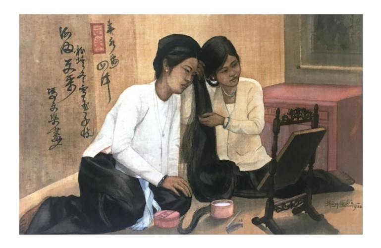 “Hai thiếu nữ chải tóc dài” (1932) của Phùng Văn Cừ đấu giá năm 2020 tại nhà Boisgirard Antonini - cũng nhầm tên tác giả thành “Phung Van Cun”.
