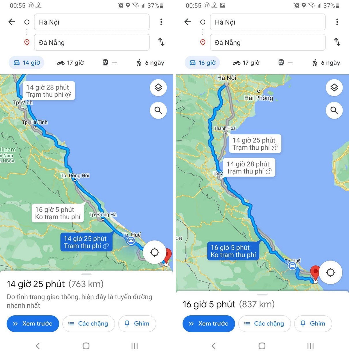 Người dùng tại Việt Nam có thể tùy chọn để đi những tuyến đường tránh trạm thu phí theo chỉ dẫn của Google Maps (Ảnh chụp màn hình).
