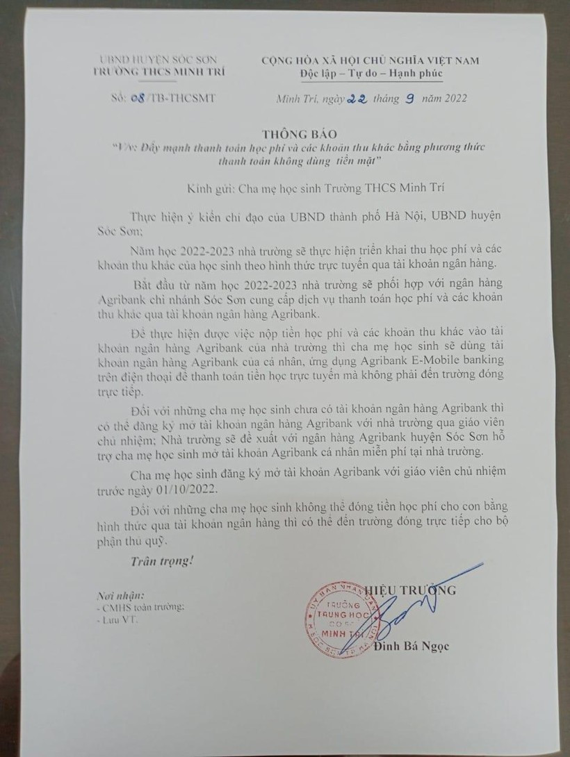 Trường THCS Minh Trí muốn phụ huynh mở tài khoản Agribank đóng học phí ảnh 1