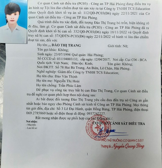 Quyết định truy nã Đào Thị Trang.