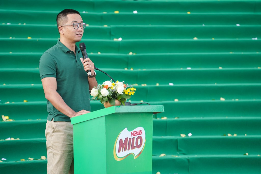 Ông Vũ Nam Hà, Quản lý cấp cao của nhãn hàng Nestlé MILO, công ty Nestlé Việt Nam phát biểu tại buổi Lễ Khai Mạc