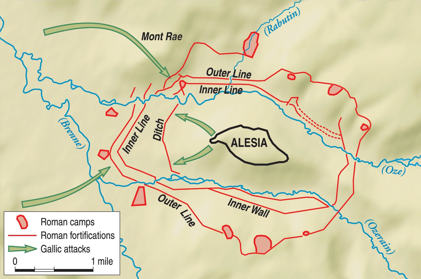 Cesar đề ra sách lược xây hai phòng tuyến vây thành đối phương, chuyến từ thế phải tấn công sang phòng ngự phản công.