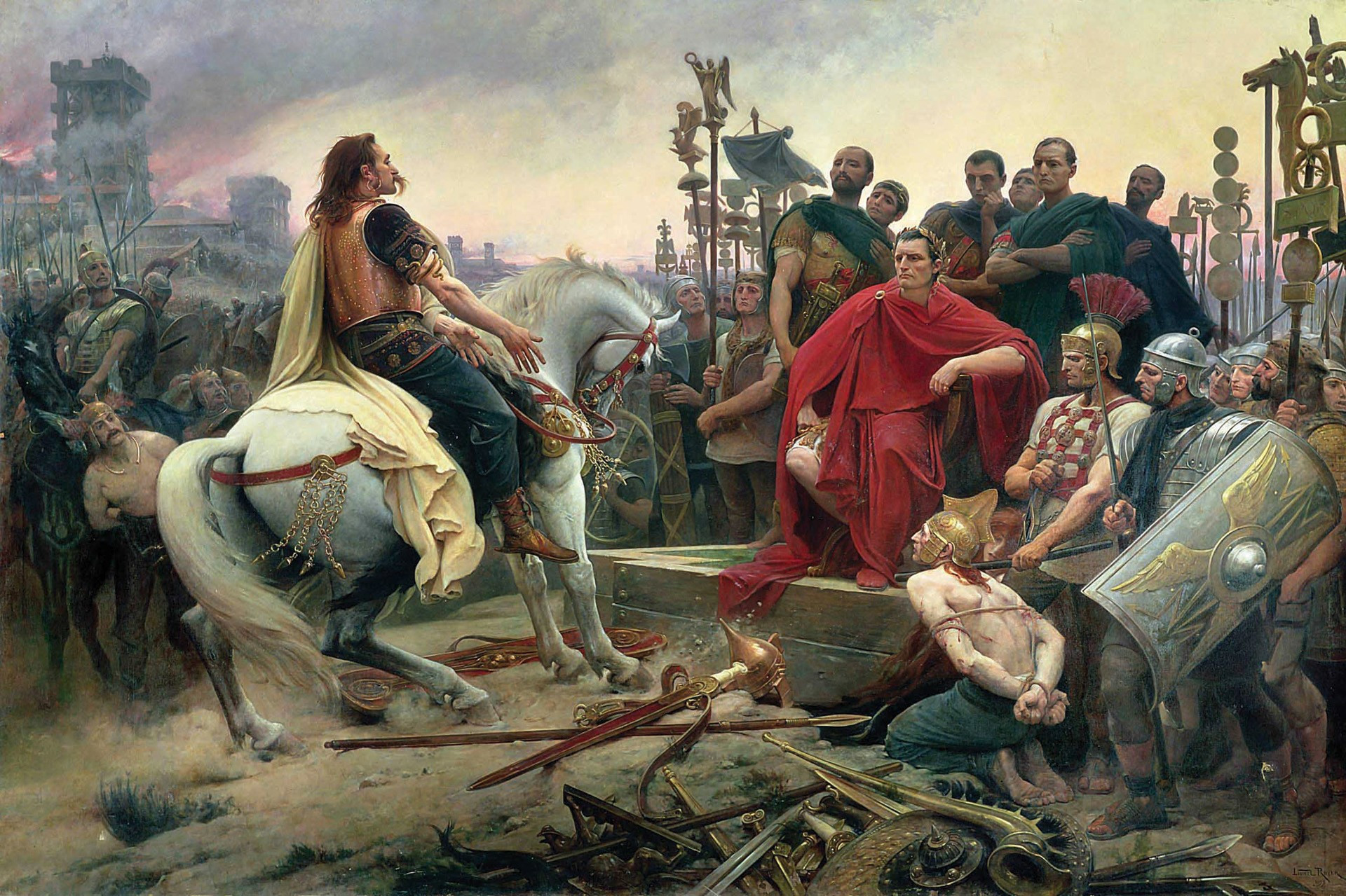 Minh họa cảnh vua xứ Gaul Vercingetorix cưỡi ngựa tới đầu hàng Caesar.