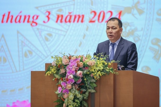 Ông Đặng Hoàng An, Chủ tịch EVN phát biểu tại cuộc gặp Thủ tướng với các doanh nghiệp nhà nước, ngày 3/3. Ảnh: VGP