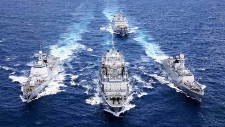Các tàu Iran, Nga, Trung Quốc trong một cuộc tập trận chung. Ảnh: Press TV