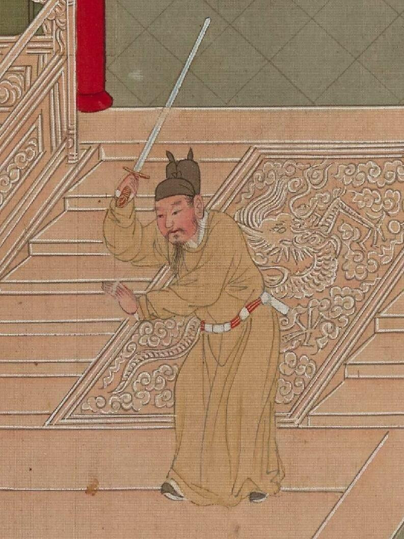 Tranh vẽ hoàng đế Cao Dương cầm một thanh kiếm đi trong cung (tranh: Sohu)