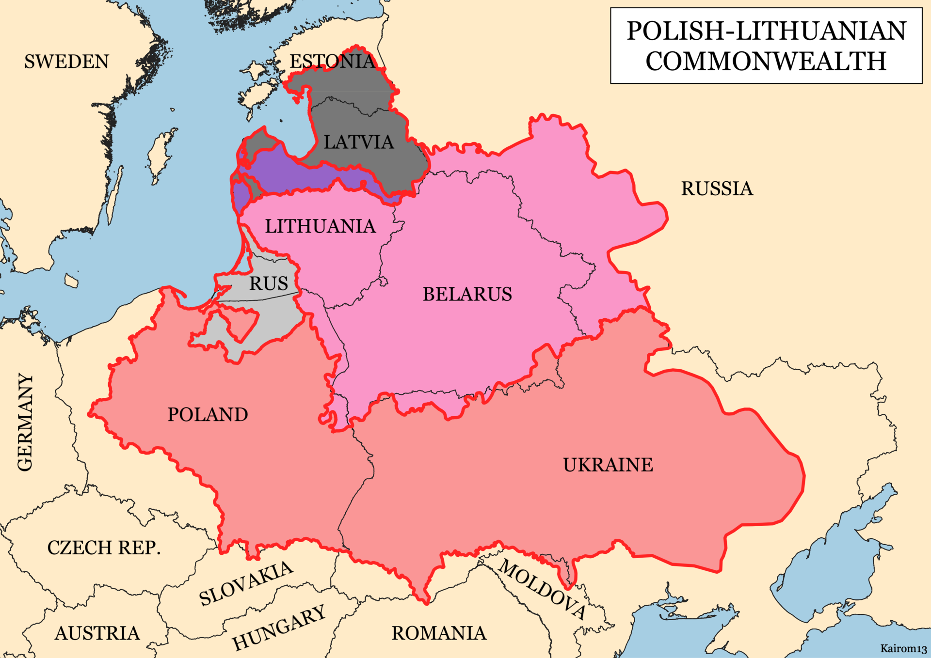 Bản đồ Khối Thịnh vượng chung Ba Lan - Lithuania vào năm 1619, vùng màu đỏ là vương quốc Ba Lan trong khối (bao gồm phần lớn lãnh thổ Ukraine).