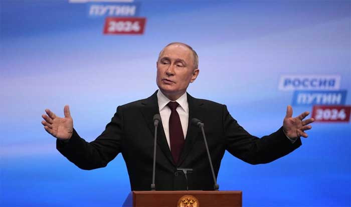 Tổng thống Nga Vladimir Putin phát biểu tại Moscow sau chiến thắng bầu cử tháng 3/2024.