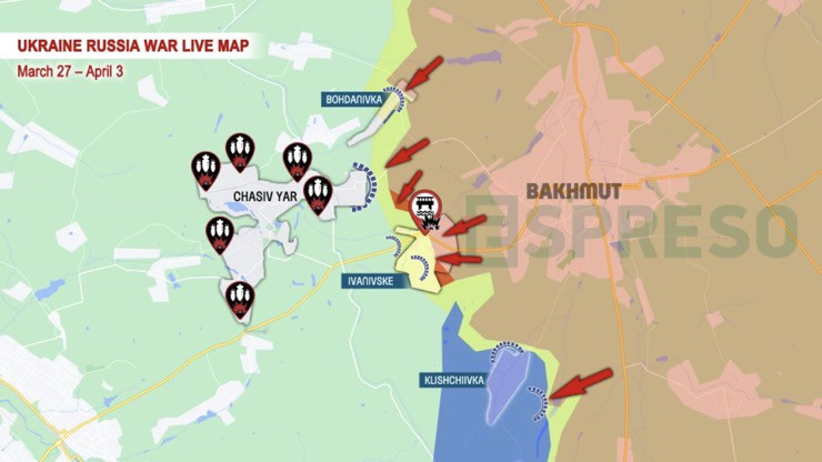 Tình hình giao tranh ở khu vực thành phố Chasov Yar tính đến ngày 3/4. Mũi tên màu đỏ biểu thị hướng tiến công của quân đội Nga.