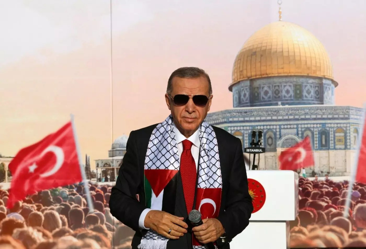 Tổng thống Thổ Nhĩ Kỳ Tayyip Erdogan trong một sự kiện được tổ chức tại Thổ Nhĩ Kỳ để ủng hộ người Palestine ở Gaza. Ảnh: AFP