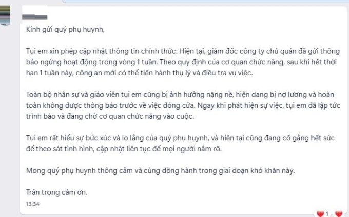 Thông báo của nhân viên trung tâm AIES gửi phụ huynh ngày 15/5. Ảnh: Phụ huynh cung cấp