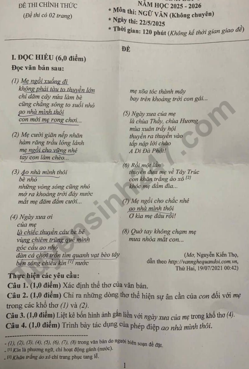Tỉnh đầu tiên thi lớp 10, đề và đáp án môn ngữ văn - 1