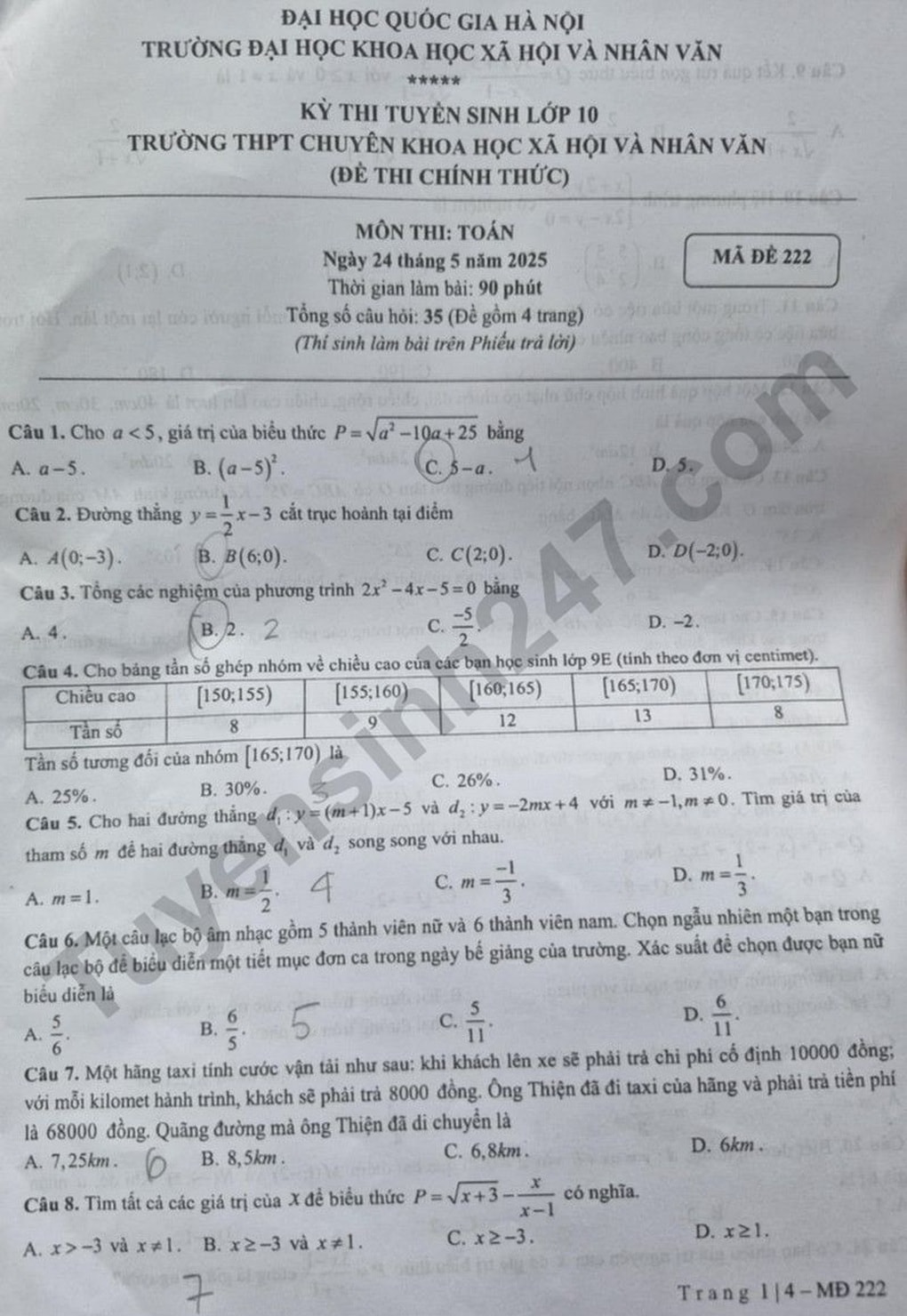 Đề thi, đáp án môn toán, tiếng Anh Trường chuyên Xã hội và Nhân văn Hà Nội - 1