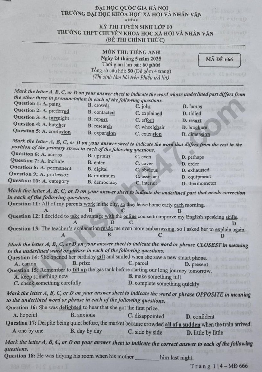 Đề thi, đáp án môn toán, tiếng Anh Trường chuyên Xã hội và Nhân văn Hà Nội - 6