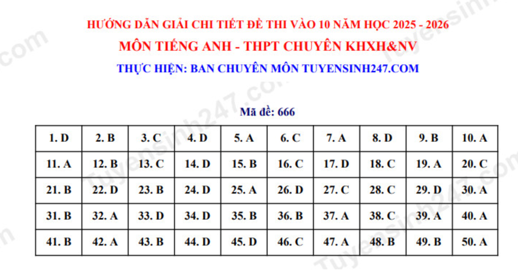 Đề thi, đáp án môn toán, tiếng Anh Trường chuyên Xã hội và Nhân văn Hà Nội - 10