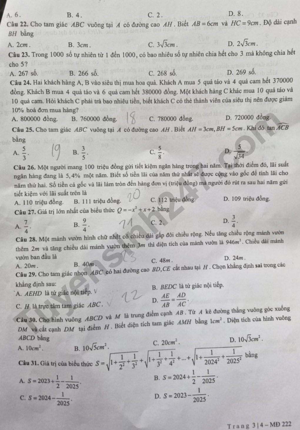 Đề thi, đáp án môn toán, tiếng Anh Trường chuyên Xã hội và Nhân văn Hà Nội - 3