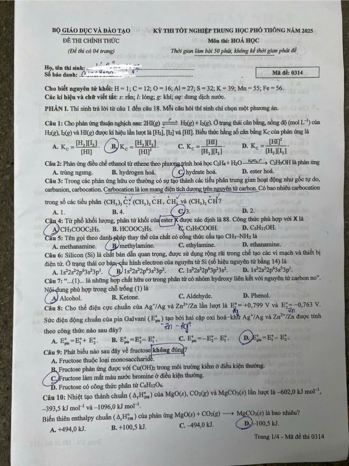 Đề và đáp án môn Hóa thi tốt nghiệp THPT 2025