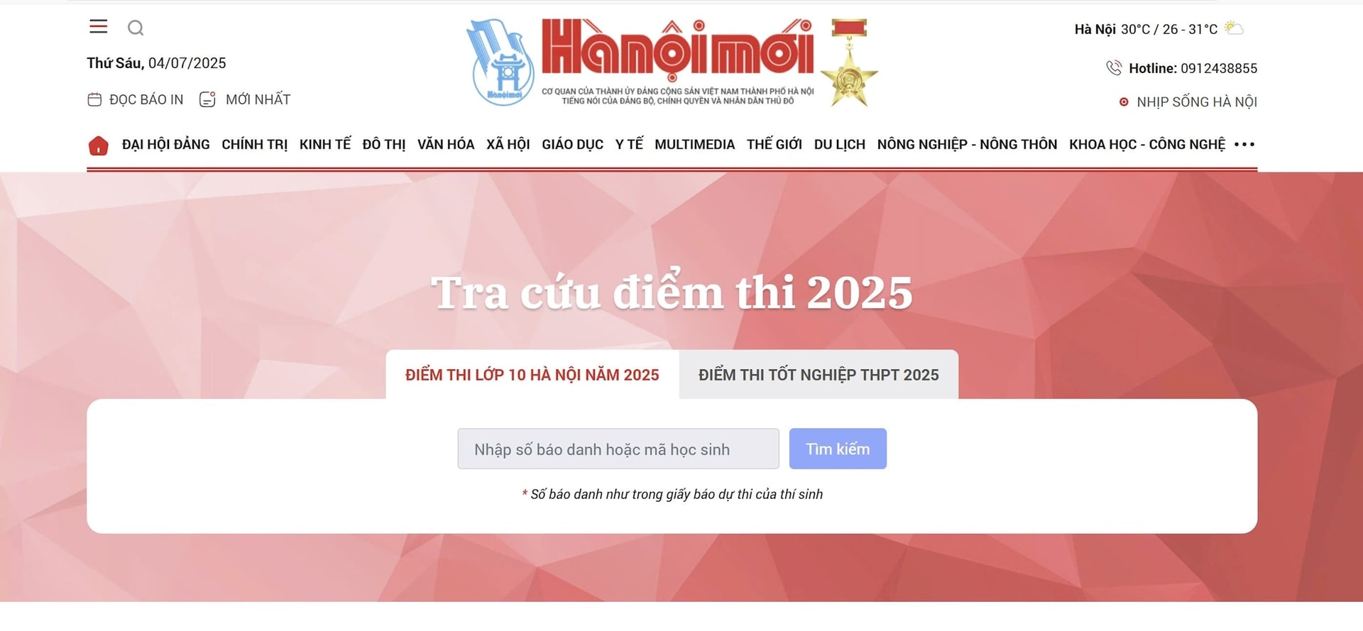 Trang tra cứu điểm thi lớp 10 trên Báo Hànộimới.