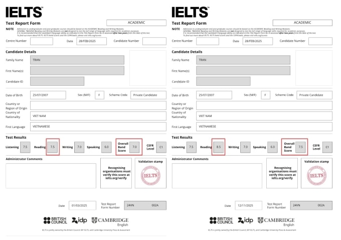 Điểm bài thi IELTS của Ngân Hà trước và sau khi chấm lại. Ảnh: Nhân vật cung cấp