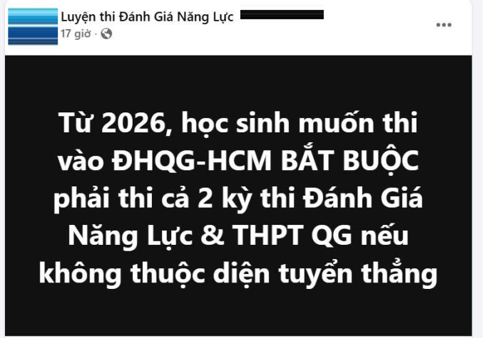 Một trung tâm luyện thi đánh giá năng lực tự đưa thông tin về phương thức xét tuyển tích hợp của Đại học Quốc gia TP HCM. Ảnh: Chụp màn hình