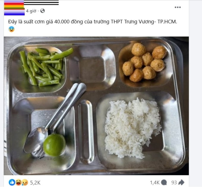 Hình ảnh suất ăn trưa của trường THPT Trưng Vương lan truyền trên mạng xã hội. Ảnh: Chụp màn hình