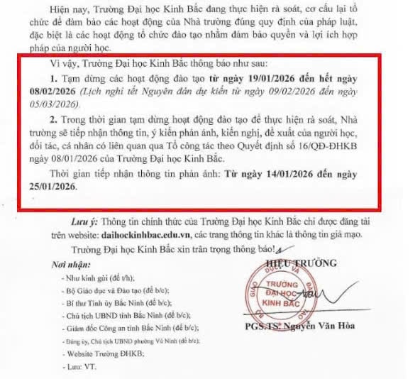 Hiệu trưởng Trường Đại học Kinh Bắc ban hành Thông báo số 46/TB-ĐHKB ngày 14.1.2026 về việc tạm dừng các hoạt động đào tạo của nhà trường. Ảnh: Vân Anh 