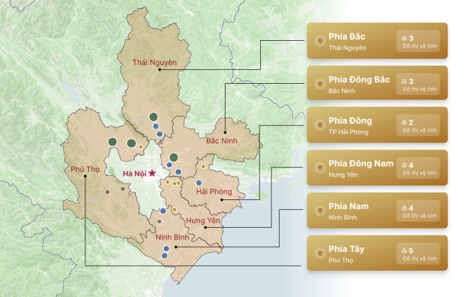 Định hướng chùm đô thị vệ tinh của Hà Nội theo Đồ án Quy hoạch tổng thể Thủ đô với tầm nhìn 100 năm. Đồ họa: Khánh Hoàng