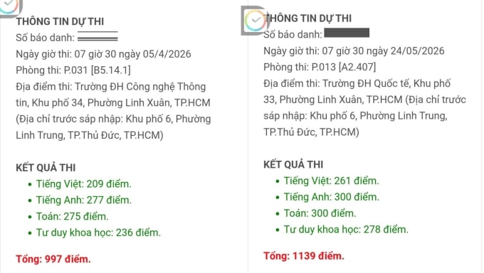 Kết quả thi đánh giá năng lực đợt 1 và 2 của Đạt trong năm 2026. Ảnh: Nhân vật cung cấp