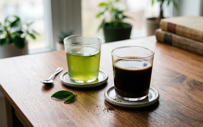 Tận dụng sự kết hợp giữa caffeine, chất catechins trong trà xanh và axit chlorogenic có trong cà phê có thể giúp giảm cân. Ảnh tạo bởi AI