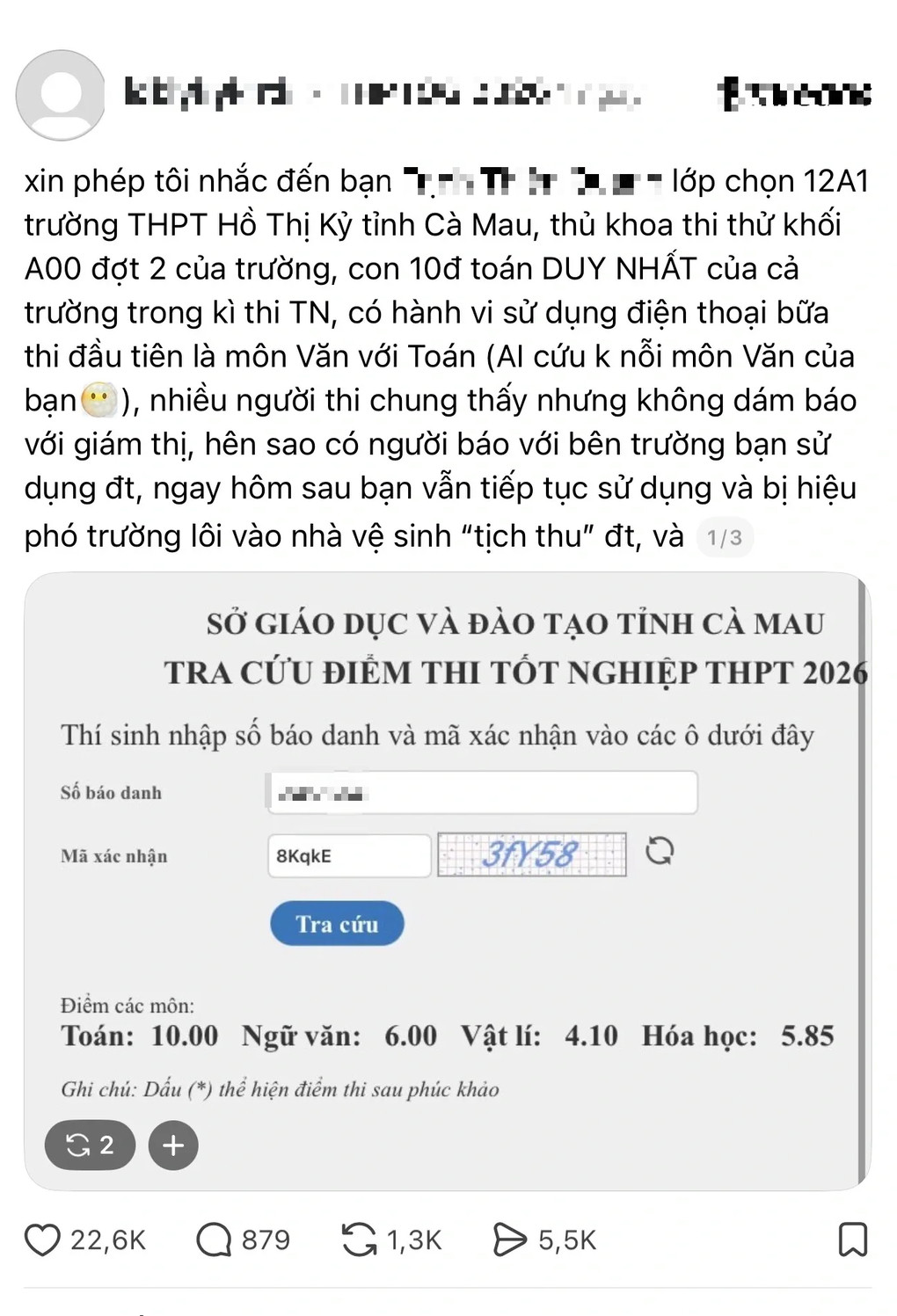 Bài đăng trên mạng tố nam sinh trường THPT Hồ Thị Kỷ dùng điện thoại trong phòng thi. Ảnh: Chụp màn hình