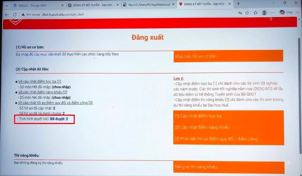 Thông tin trả về cho Khánh sau khi nộp minh chứng xét tuyển trên hệ thống của Đại học Huế. Ảnh: Nhân vật cung cấp