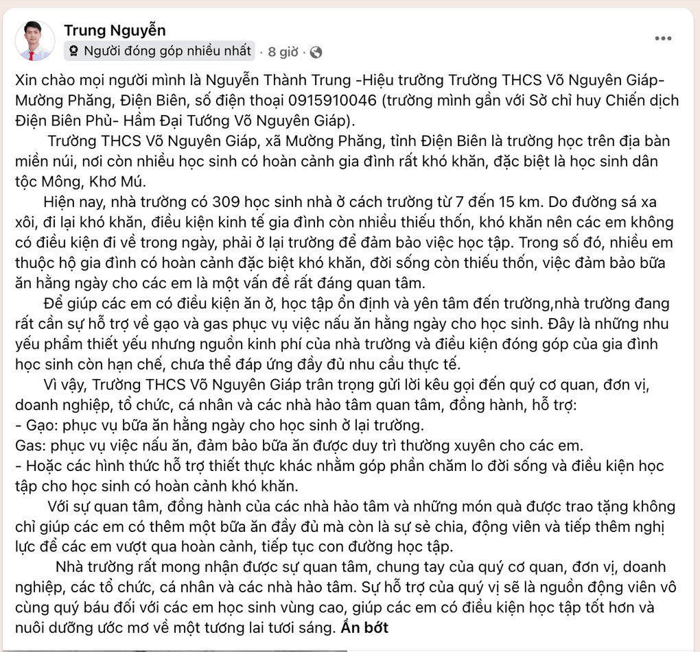 Hiệu trưởng lên Facebook kêu gọi hỗ trợ gạo lo bữa ăn cho học sinh vùng cao - 1