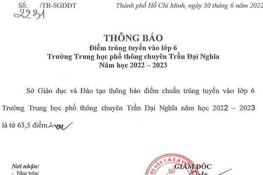 TP.HCM công bố điểm thi và điểm chuẩn vào lớp 6 Trường THPT chuyên Trần Đại Nghĩa
