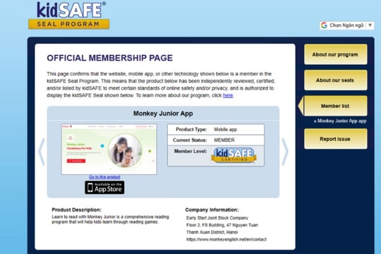 Monkey Junior đạt chứng nhận kidSAFE khẳng định sự an toàn với trẻ 
