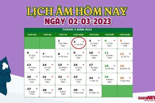 Lịch âm 2/3 - Tra lịch âm hôm nay 2/3 - Lịch vạn niên 2/3/2023