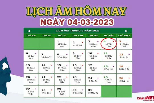 Lịch âm 4/3 –  Tra lịch âm hôm nay 4/3 - Lịch vạn niên 4/3/2023