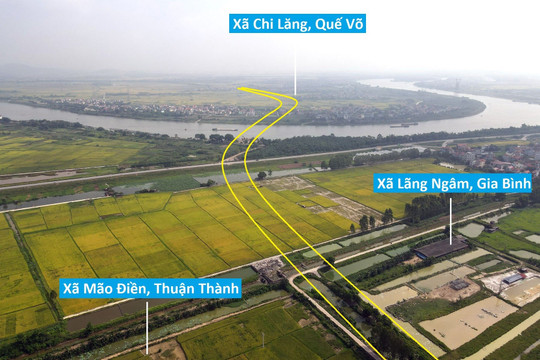 Toàn cảnh vị trí quy hoạch xây cầu vượt sông Đuống trên tuyến đường vành đai 4, nối huyện Tiên Du, Thuận Thành và Gia Bình, Bắc Ninh