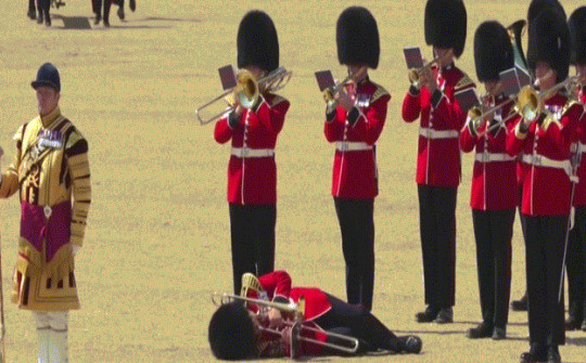 Lính Anh ngất xỉu trong buổi diễn tập diễu hành mừng sinh nhật Nhà vua