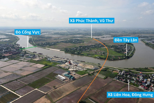 Toàn cảnh vị trí quy hoạch xây cầu vượt sông Trà Lý ở huyện Đông Hưng, trên tuyến cao tốc Thái Bình - Đồng Tu