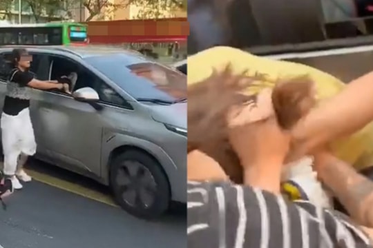 Cô gái trên ô tô bị vợ túm tóc, chồng vẫn phóng xe bỏ chạy