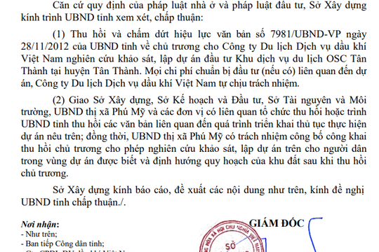 Thu hồi dự án Khu dịch vụ du lịch OSC Tân Thành thị xã Phú Mỹ