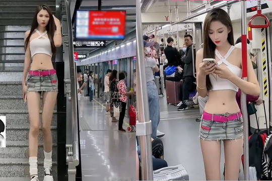 Cô gái xinh đẹp mặc áo croptop, váy siêu ngắn đi tàu điện ngầm, có người khen kẻ chê
