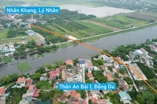 Toàn cảnh vị trí quy hoạch xây cầu vượt sông Châu Giang nối xã Đồng Du, Bình Lục với Nhân Khang, Lý Nhân, Hà Nam