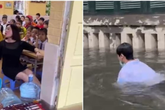 Hà Nội mưa lớn, cô giáo vừa dạy học vừa tát nước, học sinh bơi giữa sân trường