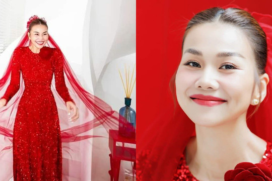 Cô dâu Thanh Hằng nền nã với áo dài đỏ trong ngày cưới, lấy cảm hứng từ chiếc áo của mẹ