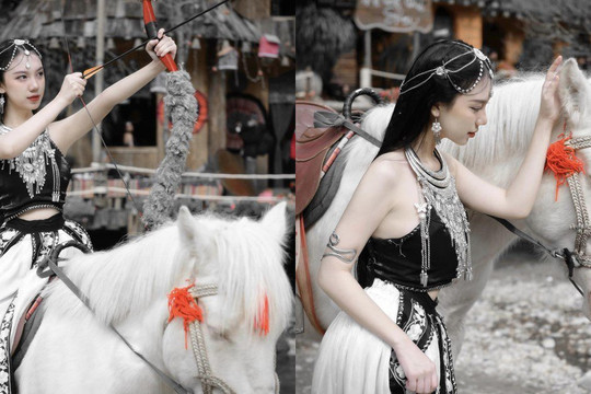 Cưỡi ngựa, bắn cung, nữ diễn viên 20 tuổi diện áo yếm khoe da trắng phát sáng, dáng nuột nà