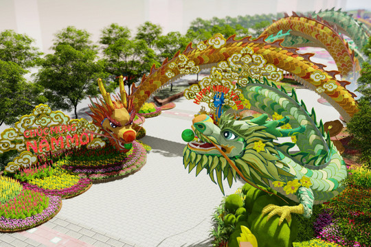 Lộ diện linh vật dài hơn 100m uốn lượn trên đường hoa Nguyễn Huệ Tết 2024