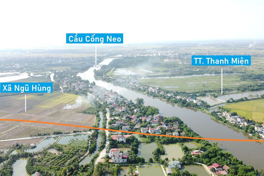Toàn cảnh vị trí quy hoạch cầu vượt sông Cửu An nối xã Ngũ Hùng - TT. Thanh Miện, Hải Dương